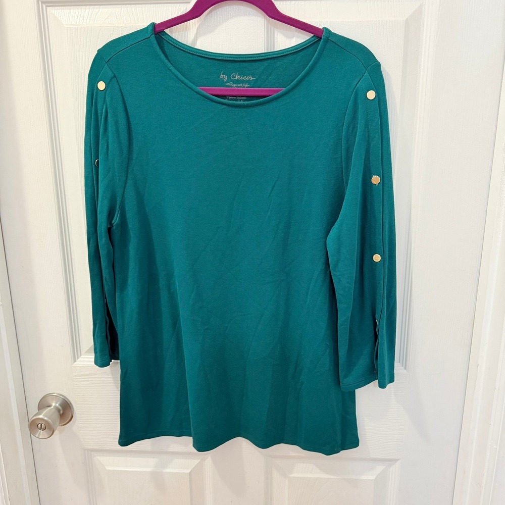 Chico's Women Size 1/M Teal Gold Button 3/4 Sleeve Top Classic Transition Piece